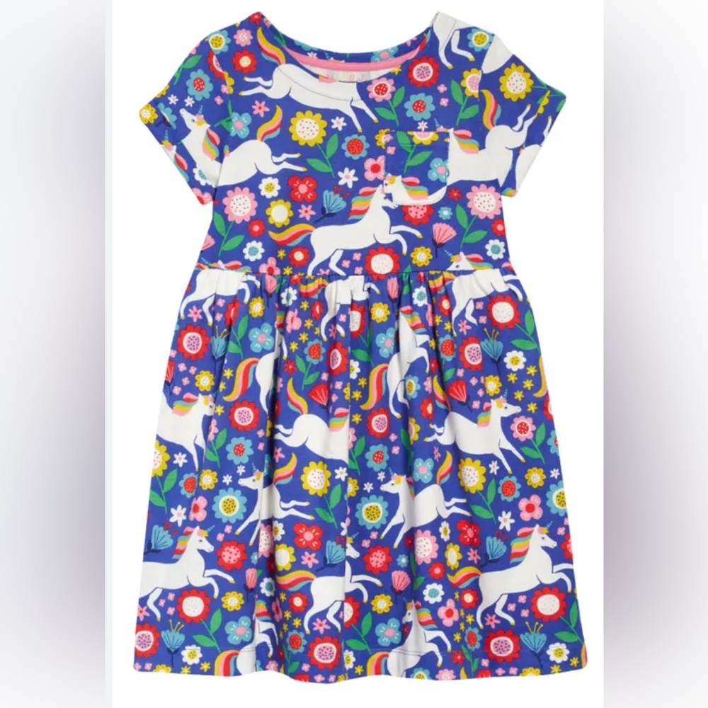 Mini Boden Short Sleeve Floral and Unicorn Dress (Bluebell) Size 6-7 years